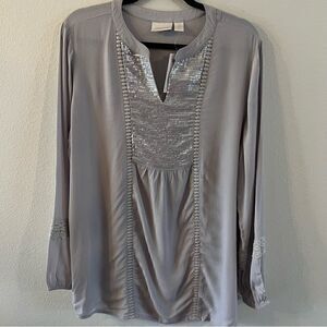 NWT Chico's Sequin Shine Tunic Gray Long Sleeve Peasant Blouse Sz 2 (large 12)
